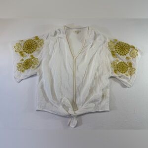 Max Studio White Top with Gold yellow embroidered flower design tie front women